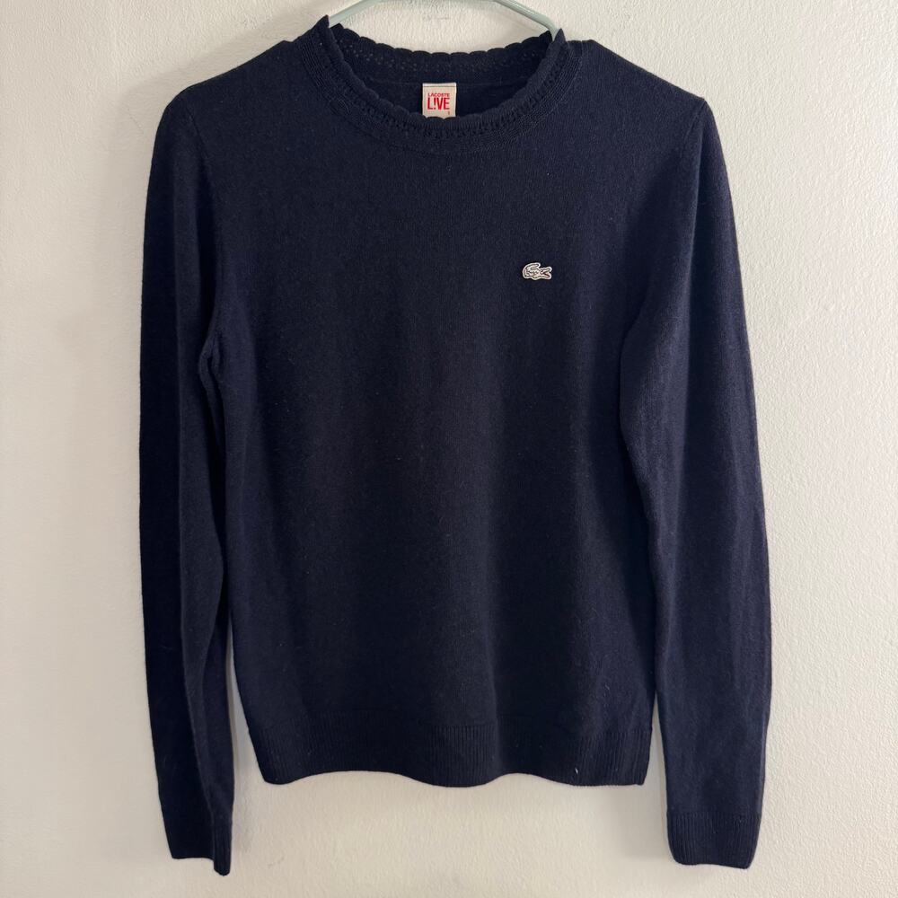 Lacoste L!VE Wool Blend Navy Scalloped Crewneck Sweater Cropped S Quiet Luxury